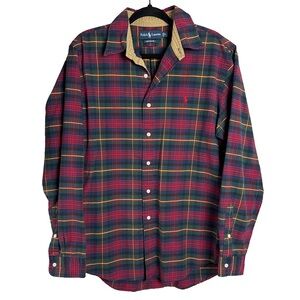 Ralph Lauren Plaid Button Down Shirt Large Red Green Tartan Heavyweight Cotton